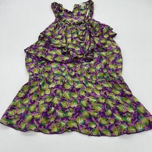 Anthropologie Odille Purple Green Floral Print 100% Silk Ruffle High Neck Top 8